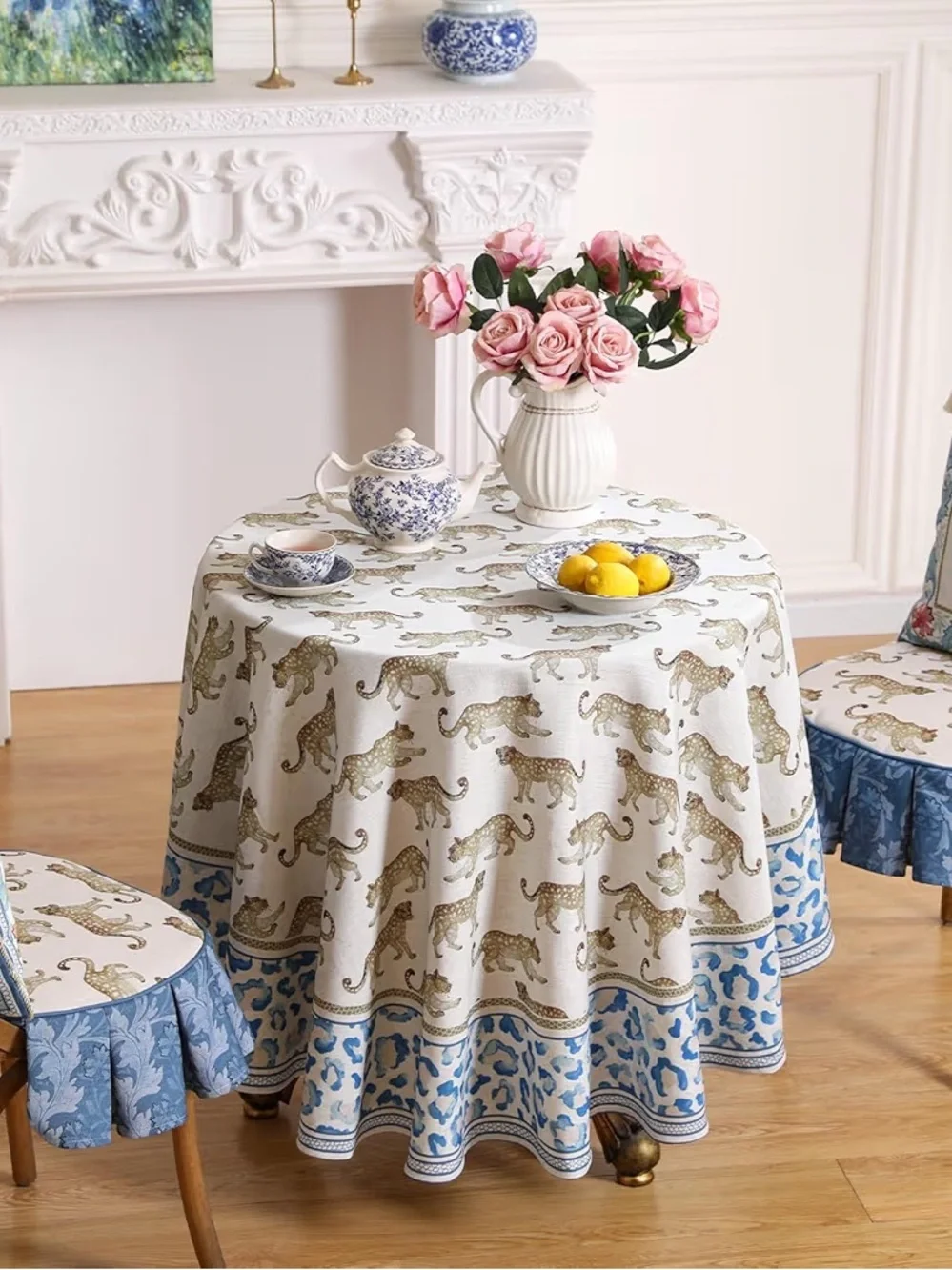 Patdrea Leopard Linen Round Tablecloth 67” Animal Print Dining Cover NWT